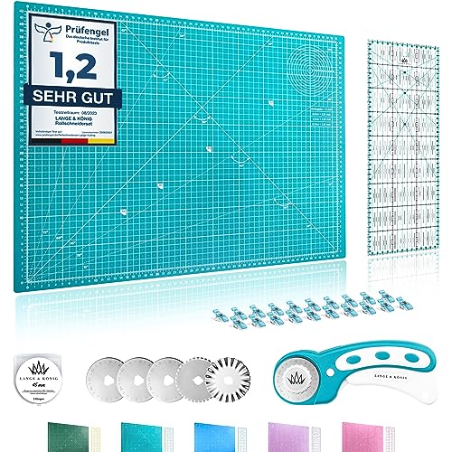 Lange & König Set rolsnijders in 3 maten (A1, A2, A3) en 5 kleuren inclusief Snijmat, rolsnijder, 5 reservemesjes, patchwork-liniaal + 20 stofklemmen als naaitoebehoren (A2-set, turquoise)