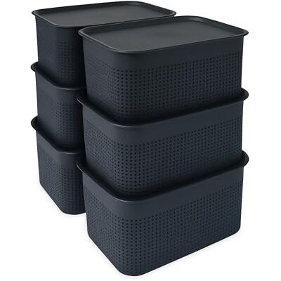 Relaxdays opbergdozen 6 stuks, met deksel, organiser, 5 liter, 13x26,5x19 cm, stapelbare kunststof zwart Relaxdays opbergdozen 6 stuks, met deksel, organiser, 5 liter, 13x26,5x19 cm, stapelbare kunststof zwart