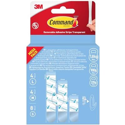 Command Transparante verwijderbare lijm 17200CLR-16-EU-VP, helder, 8 kleine + 4 middelgrote + 4 grote strips, voordeelverpakking, geassorteerd Command Transparante verwijderbare lijm 17200CLR-16-EU-VP, helder, 8 kleine + 4 middelgrote + 4 grote strips, voordeelverpakking, geassorteerd