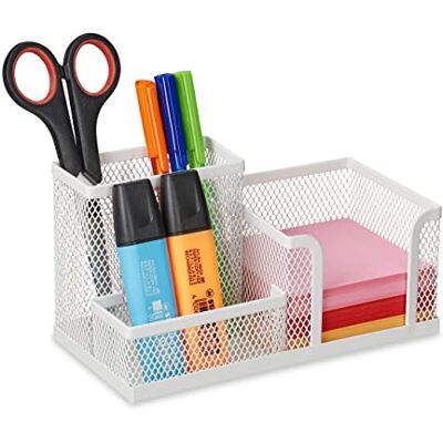 Relaxdays pennenbak, 3 vakken, mesh, modern, HBD:10 x 18,5 x 9,5 cm, voor pennen, notitiebriefjes, bureau organizer, wit Relaxdays pennenbak, 3 vakken, mesh, modern, HBD:10 x 18,5 x 9,5 cm, voor pennen, notitiebriefjes, bureau organizer, wit