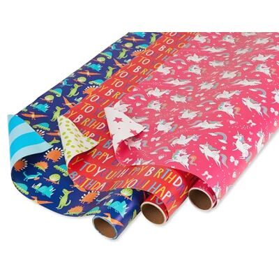 AMERICAN GREETINGS dubbelzijdig inpakpapier verjaardag voor kinderen, dinosaurussen en eenhoorns (3 rollen, 11,2 m²) AMERICAN GREETINGS dubbelzijdig inpakpapier verjaardag voor kinderen, dinosaurussen en eenhoorns (3 rollen, 11,2 m²)