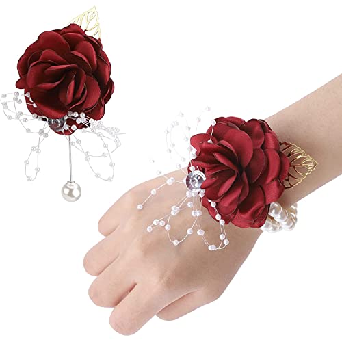 TSKDKIT 2 STKS Rode Corsage voor Bruiloft en Prom Rose Pols Corsage Armband met Parel Polsband, Lint Bloem Pols Corsage voor Vrouwen, Meisjes, Bruidsmeisje, enz