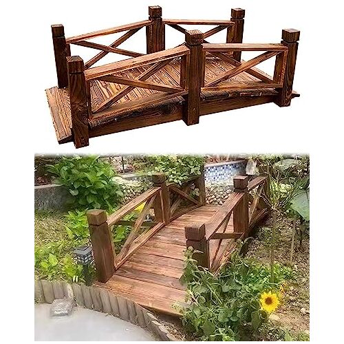 ZIMGOD Tuinbrug Tuin Bruggen Openlucht Vijverbrug, Kleine Houten Brug voor Tuinkreek, Voetgangersbrug van 140 cm Met Rails, Decoratieve Bruggetjes om Over te Lopen