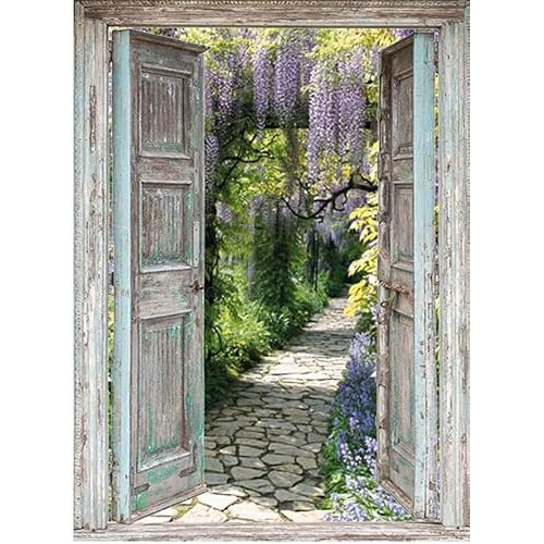 Generic Tuinposter 95x130 cm openslaande deuren met laan blauwe regen doorkijk