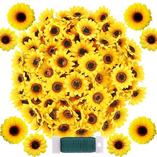 Woohome 120 stuks kunstzonnebloemen, 7 cm en 9 cm, kunstbloemen, zonnebloemen, plastic, zonnebloemen, hoofden voor huis, tuin, thuis, feest, decoratie, props, geel