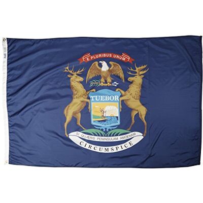 Annin Flagmakers Annin Michigan State Vlag 1,2 x 1,8 m. Nylon SolarGuard Nyl-Glo 100% Made in USA naar Official State Design Specificaties Flagmakers. Model 142670 Annin Flagmakers Annin Michigan State Vlag 1,2 x 1,8 m. Nylon SolarGuard Nyl-Glo 100% Made in USA naar Official State Design Specificaties Flagmakers. Model 142670