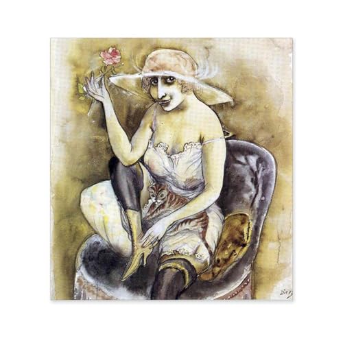 LZ6J8C9 Otto Dix Prints-Otto Dix Poster-Meisje met Roze Roos-Abstract Expressionisme Schilderen-Muurschildering Canvas Posters Moderne Slaapkamer Decor 70 x 70 cm (28 x 28 in) Frameloos