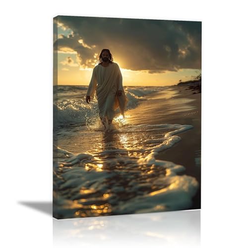 HOQIU Moderne iconische religieuze Jezus kunstwerk Jezus wandelen op het strand Geloof Geïnspireerd Heilig Canvas Art Wall Decor goud, bruin E-30x40cm ingelijst