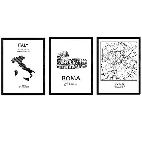 Nacnic Pak posters en monumentenlanden. Rome stadskaart, monument Colosseum kaart en Italië. A4-formaat