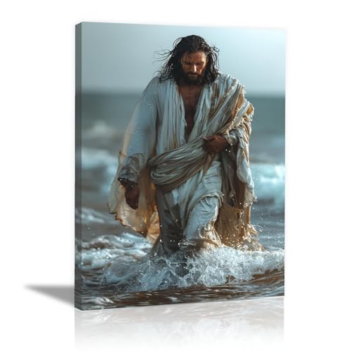 HOQIU Modern iconisch religieus Jezus kunstwerk Jezus loopt op water Geloof Geïnspireerd Heilig Canvas Art Wall Decor wit, bruin Q-30x40cm Ingelijst