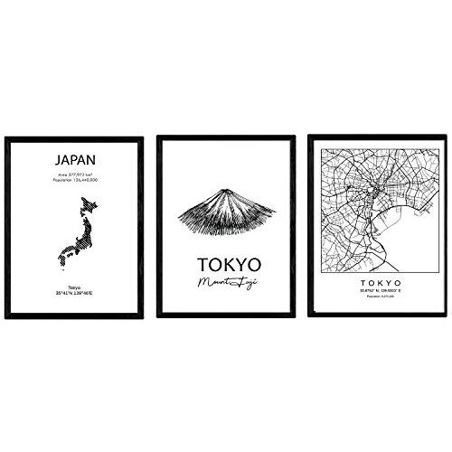 Nacnic Pak posters en monumentenlanden. De stadskaart van Tokyo, Mount Fuji en kaartmonument Japan. A4-formaat