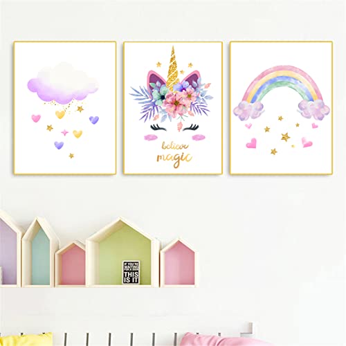 TROYSINC Set van 3 posters voor de kinderkamer, regenboog, wolken, eenhoorn, foto's, kinderkamer, zonder lijst, 21 x 30 cm