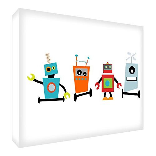 ART Houten blok wit, kinderkamer decoratie, Robots Felices, 12,5 x 12,5 cm