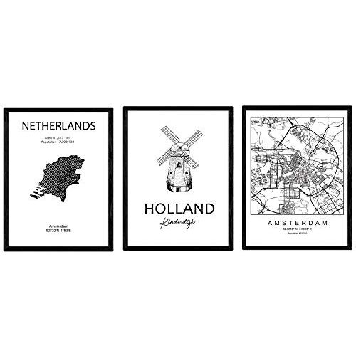 Nacnic Pak posters en monumentenlanden. Amsterdam stadskaart, kaart van Nederland Kinderdijk monument. A4-formaat