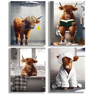 HUACANVASART Grappige Highland Cow Badkamer Wall Art Prints, Bruine Koe Vintage Humor Dier Kunstwerk voor Badkamer Boerderij Decoratie Kinderbadkamer Decoratie, Set van 4 (20 x 25 cm, Niet ingelijst) HUACANVASART Grappige Highland Cow Badkamer Wall Art Prints, Bruine Koe Vintage Humor Dier Kunstwerk voor Badkamer Boerderij Decoratie Kinderbadkamer Decoratie, Set van 4 (20 x 25 cm, Niet ingelijst)