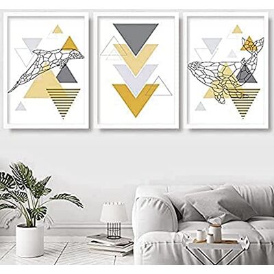 ARTZE Wall Art Scandinavische dolfijn en walvis moderne kunstdruk 3-delige set, 40 cm breedte x 50 cm hoogte, geel/grijs ARTZE Wall Art Scandinavische dolfijn en walvis moderne kunstdruk 3-delige set, 40 cm breedte x 50 cm hoogte, geel/grijs