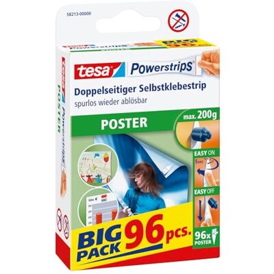 tesa Powerstrips POSTER/dubbelzijdige plakstrip voor posters, affiches en lichte borden tot 200 g verwijderbaar en herbruikbaar/Bigpack / 1 x 96 stuks Single POSTER, Big Pack 96 Stuk wit tesa Powerstrips POSTER/dubbelzijdige plakstrip voor posters, affiches en lichte borden tot 200 g verwijderbaar en herbruikbaar/Bigpack / 1 x 96 stuks Single POSTER, Big Pack 96 Stuk wit