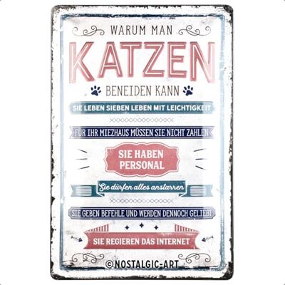ART Metalen Retro Bord, Katzen beneiden – Geschenkidee voor kattenbezitters, van metaal, Vintage ontwerp voor decoratie, 20 x 30 cm ART Metalen Retro Bord, Katzen beneiden – Geschenkidee voor kattenbezitters, van metaal, Vintage ontwerp voor decoratie, 20 x 30 cm