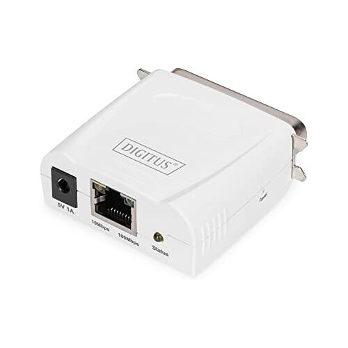 Digitus Fast Ethernet printserver met parallelle poort, 1x RJ45, 1x DB-36-pins male, printerserver, DHCP compatibel, TCP/IP, eenvoudige installatie, incl. voeding, wit