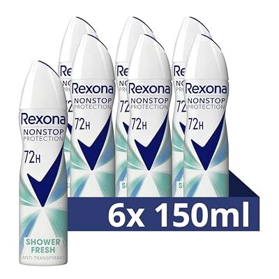 Rexona 6 x Nonstop Protection deospray Shower Fresh, anti-transpirant met 72 uur bescherming tegen zweet en lichaamsgeur, 150 ml Rexona 6 x Nonstop Protection deospray Shower Fresh, anti-transpirant met 72 uur bescherming tegen zweet en lichaamsgeur, 150 ml