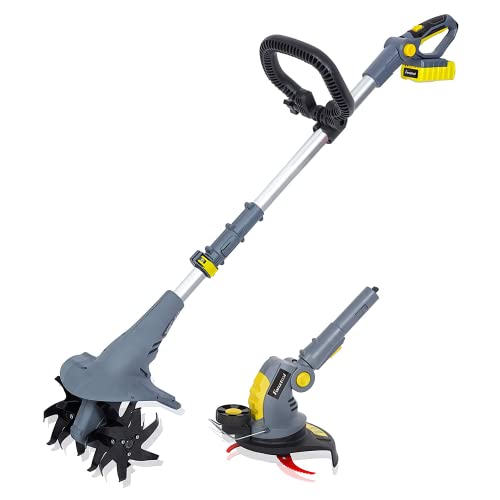 FANZTOOL Samsung Motorhakken, 20 V, mini-grondhakken, grondkruimels, tuinhakken, cultivator met 20 cm werkbreedte en krachtige 2,5 Ah Li-ion-accu van Samsung (motorhak + grastrimmer set)