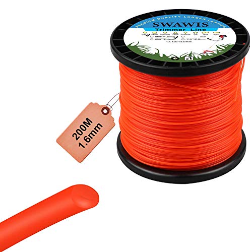 SWAWIS Trimmerdraad, 1,6 mm/200 m, reservedraad voor grasmaaier, ronde reserve trimmer, nylon draad, bosmaaier, trimmersnoer voor wiet gras tuin of tuin, oranje-rood