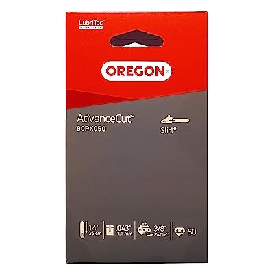 Oregon AdvanceCut 3/8" Zaagketting, Laag Profiel, 1,1 mm (0,43 inch), Chamfer Chisel Zaagketting, Voor Een 35,56 cm (14 inch) Rail, 50 Aandrijfschakels, Geschikt Voor Efco, Oleo Mac, and Stihl (90PX) Lage Kickback, Vervangende zaagketting, past Stihl, O Oregon AdvanceCut 3/8" Zaagketting, Laag Profiel, 1,1 mm (0,43 inch), Chamfer Chisel Zaagketting, Voor Een 35,56 cm (14 inch) Rail, 50 Aandrijfschakels, Geschikt Voor Efco, Oleo Mac, and Stihl (90PX) Lage Kickback, Vervangende zaagketting, past Stihl, O