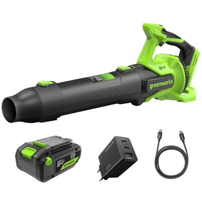 Greenworks 24V Accu Bladblazer, Brushless Motor, 209 km/u, 14,58 m³/min, QUIETFORCE Technologie, Incl. 4Ah USB-C Accu en 65W Snellader, Variabele Snelheid BL24515A2 Greenworks 24V Accu Bladblazer, Brushless Motor, 209 km/u, 14,58 m³/min, QUIETFORCE Technologie, Incl. 4Ah USB-C Accu en 65W Snellader, Variabele Snelheid BL24515A2