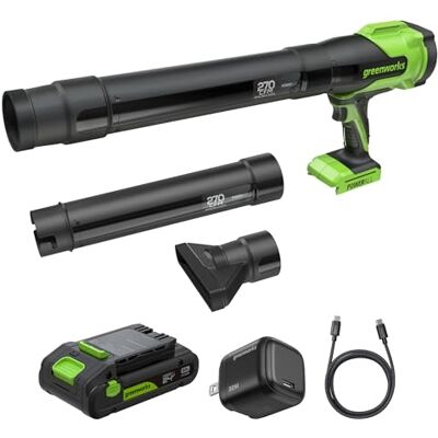 Greenworks 24V Accu Bladblazer met 4Ah Accu & 65W PD Snellader, 209km/h 7,65m³/min Krachtige Tuinblazer, Licht & Compact, Variabele Snelheid met Vergrendeling BLH22SA1 Greenworks 24V Accu Bladblazer met 4Ah Accu & 65W PD Snellader, 209km/h 7,65m³/min Krachtige Tuinblazer, Licht & Compact, Variabele Snelheid met Vergrendeling BLH22SA1