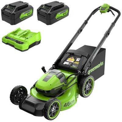 Greenworks Zelfrijdende Draadloze Accu Grasmaaier, 46cm Maaibreedte, 55L Zak PLUS Twee 2 x 24V (48V Equivalent) 4Ah Batterijen en Dubbele Oplader, 3 Jaar Garantie-MO48L424-01 Greenworks Zelfrijdende Draadloze Accu Grasmaaier, 46cm Maaibreedte, 55L Zak PLUS Twee 2 x 24V (48V Equivalent) 4Ah Batterijen en Dubbele Oplader, 3 Jaar Garantie-MO48L424-01