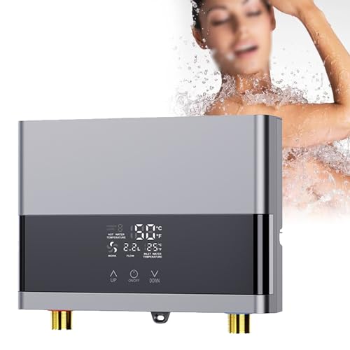 URJWAN Elektrische Waterverwarmer, Warmwaterverwarmer, Huishoudelijke Keuken En Badkamer Doorstroomverwarmer, Roestvrijstalen Tankloze Waterverwarmer Voor Keuken Badkamer Douche,Silver-220V