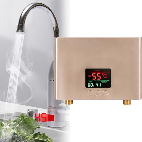 URJWAN Tankloze Waterverwarmer, Onderbouwwaterverwarmer, Binnenlandse Keuken En Badkamer Doorstroomverwarmer, Met Digitaal Lcd-Touchscreen, Bespaart Tijd En Energie,Gold-220V