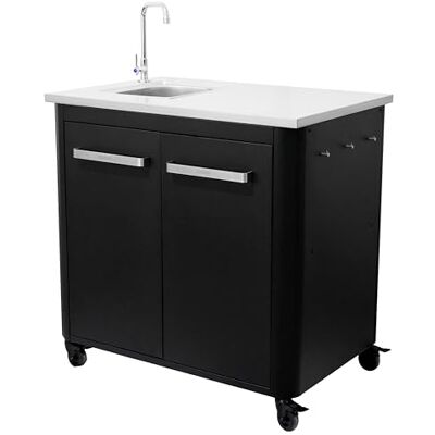 cozze ® Buitenkeuken 90 met spoelbak & kraan – RVS werkblad, modulair BBQ-prepstation met opbergruimte, afvalzakhouder, haken en wielen, max. 100 kg cozze ® Buitenkeuken 90 met spoelbak & kraan – RVS werkblad, modulair BBQ-prepstation met opbergruimte, afvalzakhouder, haken en wielen, max. 100 kg