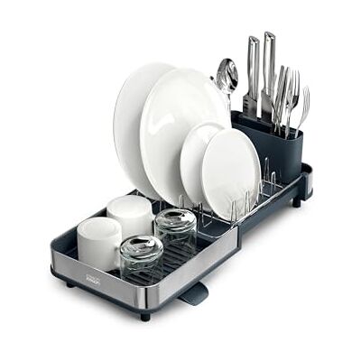 Joseph Joseph Extend Slim Uitschuifbaar Afdruiprek van Staal, Compact, met Uitneembare Bestekhouder en Draaibare Afvoer Joseph Joseph Extend Slim Uitschuifbaar Afdruiprek van Staal, Compact, met Uitneembare Bestekhouder en Draaibare Afvoer