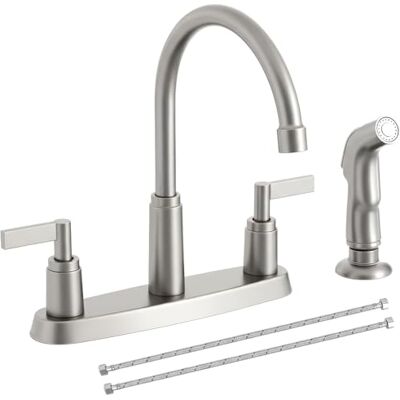 RAINMAX Keukenkraan met sproeier, geborsteld nikkel roestvrij staal aanrecht kraan met zijsproeier, 3 gaten of 4 gaten kraan voor aanrecht, Commerciële RV Wasserij Utility Keukenkraan KMF023L-1 RAINMAX Keukenkraan met sproeier, geborsteld nikkel roestvrij staal aanrecht kraan met zijsproeier, 3 gaten of 4 gaten kraan voor aanrecht, Commerciële RV Wasserij Utility Keukenkraan KMF023L-1