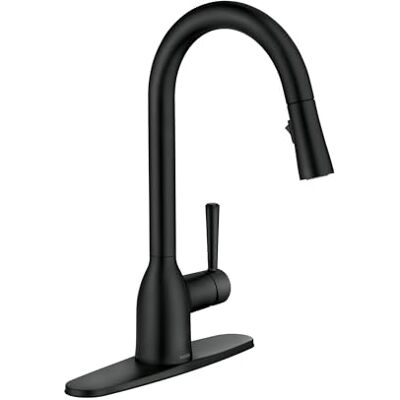 Moen Adler Matzwarte één-handvat hoge boog aanrecht kraan met Power Clean, moderne keukenkraan met pull-down sproeier, 87233BL Moen Adler Matzwarte één-handvat hoge boog aanrecht kraan met Power Clean, moderne keukenkraan met pull-down sproeier, 87233BL