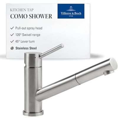 Villeroy & Boch Como Shower keukenkraan, hoge druk, waterkraan keuken met uittrekbare douche en 120° draaibereik, waterbesparende spoelbakkraan, uitloophoogte 120 mm, massief RVS Villeroy & Boch Como Shower keukenkraan, hoge druk, waterkraan keuken met uittrekbare douche en 120° draaibereik, waterbesparende spoelbakkraan, uitloophoogte 120 mm, massief RVS