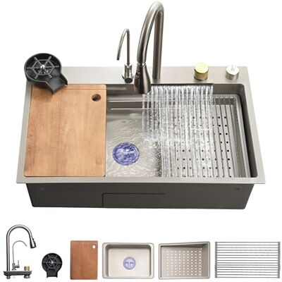 SereneLife Keukenspoelbak van Roestvrij Staal – Onderbouw & Opbouw, 13 Gauge, 76 x 46 x 23 cm, Inclusief Kraan, RVS Racket, Zeefmand, Snijplank & Bekerreiniger, Grijs SereneLife Keukenspoelbak van Roestvrij Staal – Onderbouw & Opbouw, 13 Gauge, 76 x 46 x 23 cm, Inclusief Kraan, RVS Racket, Zeefmand, Snijplank & Bekerreiniger, Grijs