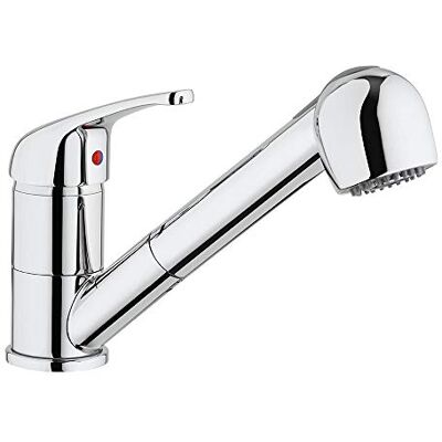 Paini Eengreepsmengkraan voor keuken, gootsteen, verchroomd, hendel boven, lage uitloop met uittrekbare handdouche, 2 straalsoorten en cumulator Paini Eengreepsmengkraan voor keuken, gootsteen, verchroomd, hendel boven, lage uitloop met uittrekbare handdouche, 2 straalsoorten en cumulator