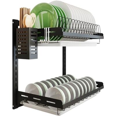 junyuan Keuken afdruiprek, hangend zilverwerk droogrek organizer opbergplank boven de gootsteen, 2 niveaus wandmontage komhouder met afvoerbak, roestvrijstalen zwarte coating (2 niveaus, 16) junyuan Keuken afdruiprek, hangend zilverwerk droogrek organizer opbergplank boven de gootsteen, 2 niveaus wandmontage komhouder met afvoerbak, roestvrijstalen zwarte coating (2 niveaus, 16)