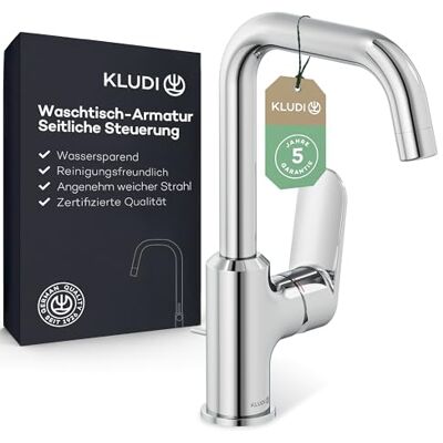 Kludi -X1 wastafelarmatuur met trekstang-afvoer, 360° draaibaar, uitloophoogte 205 mm, waterbesparende waterkraan badkamer maat L, mengkraan wastafel incl. aansluitslangen in chroom Kludi -X1 wastafelarmatuur met trekstang-afvoer, 360° draaibaar, uitloophoogte 205 mm, waterbesparende waterkraan badkamer maat L, mengkraan wastafel incl. aansluitslangen in chroom