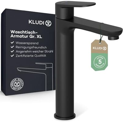Kludi -X1 wastafelarmatuur, uitloophoogte 210 mm, waterbesparende waterkraan badkamer zwart mat maat XL, keramische cartouche, mengkraan wastafel incl. aansluitslangen Kludi -X1 wastafelarmatuur, uitloophoogte 210 mm, waterbesparende waterkraan badkamer zwart mat maat XL, keramische cartouche, mengkraan wastafel incl. aansluitslangen