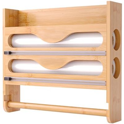 Relaxdays Wandrollenhouder 3-in-1 voor keukenrol, alu folie en vershoudfolie, bamboe, 27x35x7 cm, naturel Relaxdays Wandrollenhouder 3-in-1 voor keukenrol, alu folie en vershoudfolie, bamboe, 27x35x7 cm, naturel