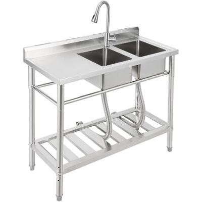 Garvee Roestvrij stalen spoelbak 99 × 46 × 102 cm, vrijstaande keukengootsteen 1 wastafel, commerciële spoelbak met kraan koud en warmwaterslangen, voor bijkeuken, buitenkeuken, horeca, winkel, restaurant Garvee Roestvrij stalen spoelbak 99 × 46 × 102 cm, vrijstaande keukengootsteen 1 wastafel, commerciële spoelbak met kraan koud en warmwaterslangen, voor bijkeuken, buitenkeuken, horeca, winkel, restaurant