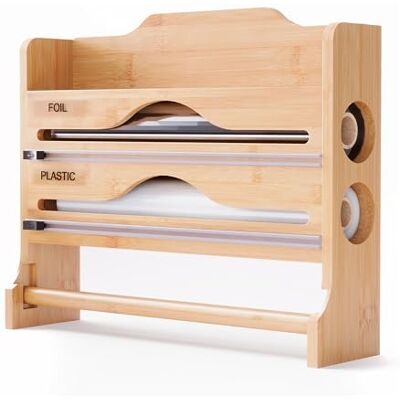 Relaxdays Wandrollenhouder 3-in-1 voor keukenrol, folie, vershoudfolie, bamboe, 27x35x9 cm, naturel Relaxdays Wandrollenhouder 3-in-1 voor keukenrol, folie, vershoudfolie, bamboe, 27x35x9 cm, naturel