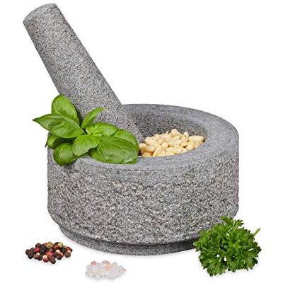 Relaxdays vijzel met stamper, graniet, ongepolijst, duurzaam, massief, kruiden, specerijen, mortier D: 14 cm, grijs Relaxdays vijzel met stamper, graniet, ongepolijst, duurzaam, massief, kruiden, specerijen, mortier D: 14 cm, grijs