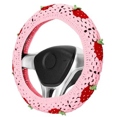 HOMEGYMFREE Gehaakte stuurhoes set, schattige auto stuurhoes Boho 14-15 inch, roze aardbei oma vierkant patroon, vrouwen auto-accessoires (een wielhoes) HOMEGYMFREE Gehaakte stuurhoes set, schattige auto stuurhoes Boho 14-15 inch, roze aardbei oma vierkant patroon, vrouwen auto-accessoires (een wielhoes)