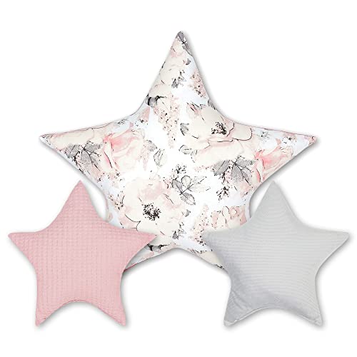 Totsy Baby Sierkussens kinderkamerkussen ster 3er Set: 1 x 60cm, 2 x 30cm pluche kussens voor kindersierkussens, meisjes en jongens Fluweel Wilde roos met vuile roos vuile roos grijs