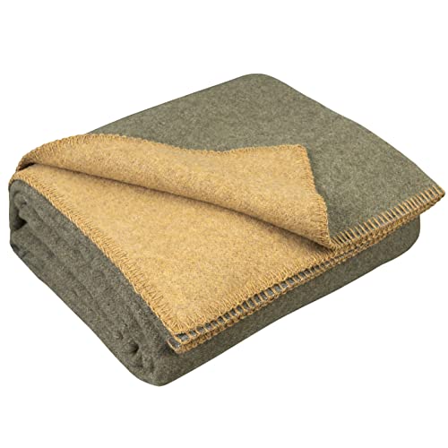 LYHome Merino Wollen Deken 80% Wol Plaid als Legerdeken Picknickdeken Reisdeken & Campingdeken voor 1 Persoons, Schapenwollen Dekens, Wollendeken 130 x 170 cm   Olijfgroen en Mosterd Dubbelzijdig