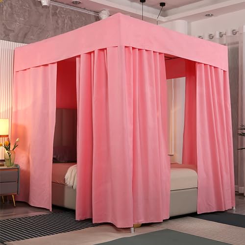 GUOIOOI Hemelbedgordijnen met beugel, 4 hoekstijlen Bedhemel Effen Kleur Lichtdicht Bedgordijn, Verduisterende hemelbedgordijnen for volledig queensize kingsize bed (Color : Pink, Size : King)